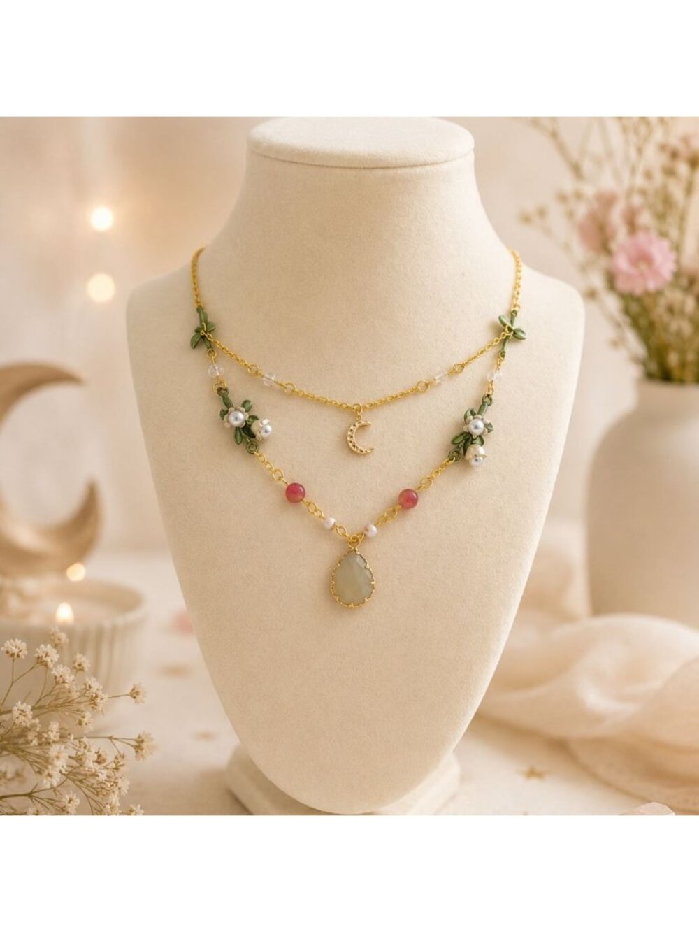 Layered Moon Botanical Necklace with Vines Flowers and Gemstones Fairycore Jewel